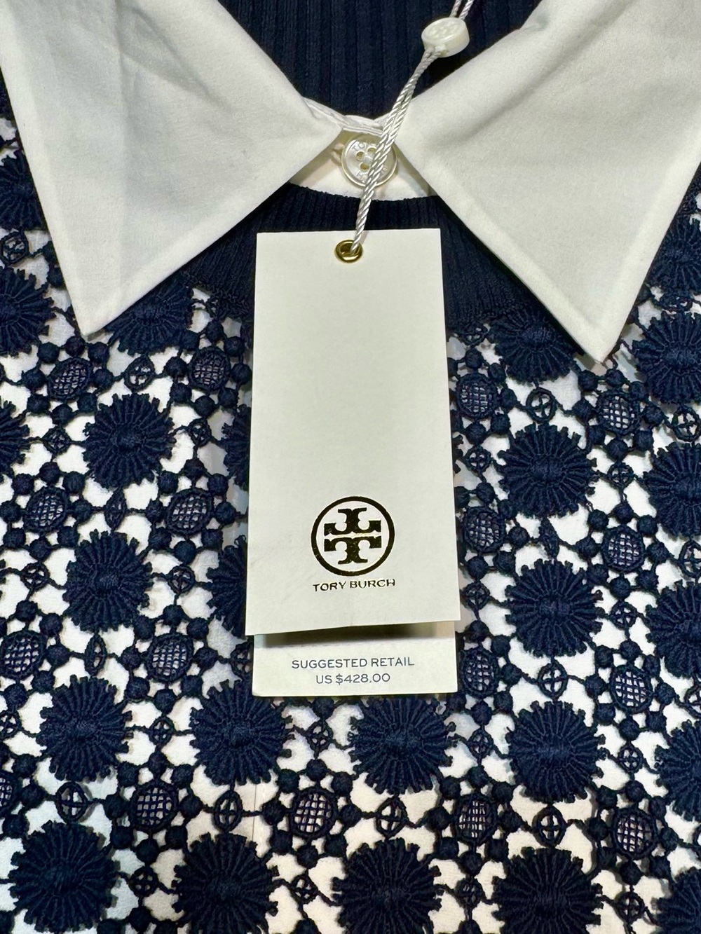 NWT Tory Burch Poplin Sleeve Pullover Shirt Women’s Size Medium Navy Blue White - Picture 5 of 15